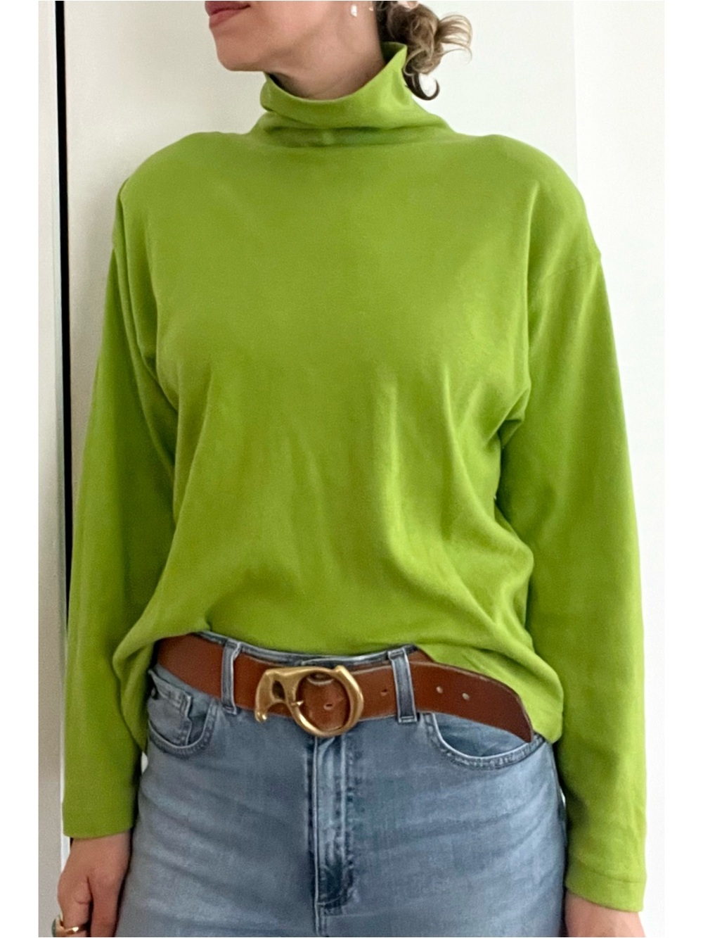 Vintage 90s Chartreuse 100% Cotton Turtleneck Shoulder Pad Top